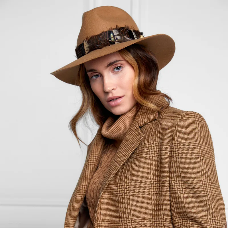 Holland Cooper Iridescent Feather Band Trilby Hat - Camel